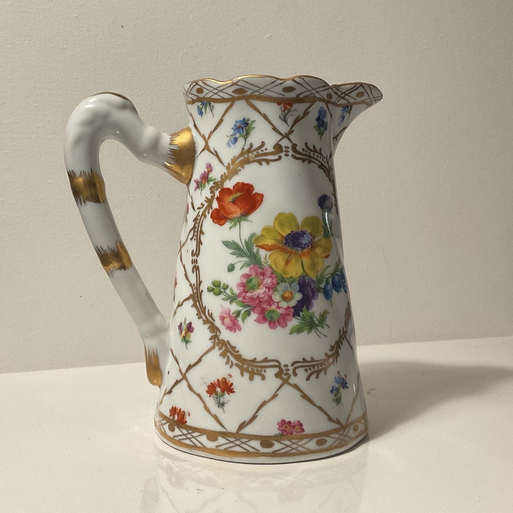 Vintage Royal Europe Andrea By Sadek Porcelain Pitcher Dresden Flowers Gold 7"